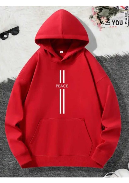 Iki Çizgi Peace Baskılı Kapüşonlu Cepli Içi Yünlü Kırmızı Sweaatshirt