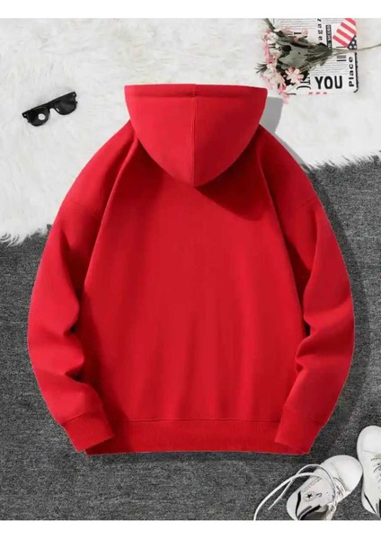 Iki Çizgi Peace Baskılı Kapüşonlu Cepli Içi Yünlü Kırmızı Sweaatshirt fiyatları