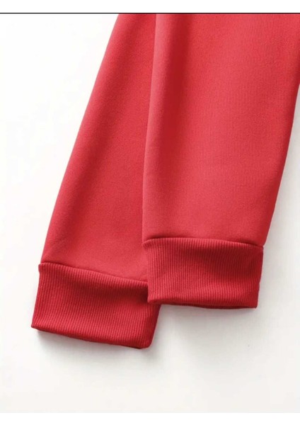 Iki Çizgi Peace Baskılı Kapüşonlu Cepli Içi Yünlü Kırmızı Sweaatshirt fırsatları