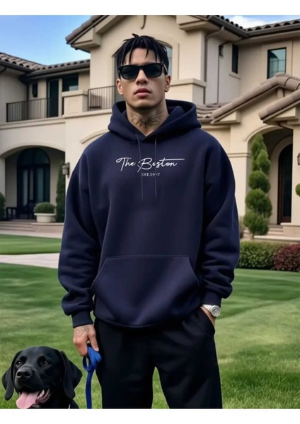 The Boston Est Baskılı Kapüşonlu Cepli Içi Yünlü Lacivert Sweatshirt