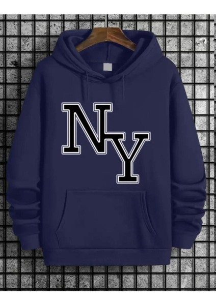 Ny Desenli 2 Iplik Şardonlu Cepli Kapüşonlu Sweatshırt