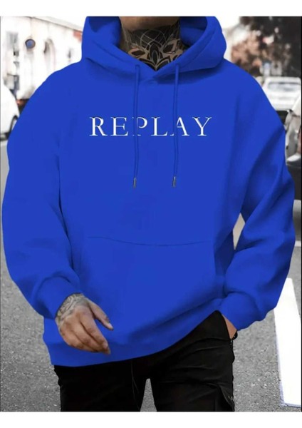 Replay Baskılı Kapüşonlu Cepli Pamuklu Saks Sweatshirt
