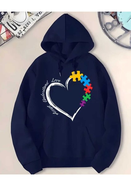 Puzzle Kalp Baskılı Kapüşonlu Cepli Pamuklu Lacivert Sweatshirt