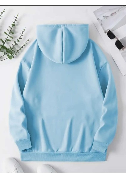 One Day At Time Baskılı Kapüşonlu Cepli Pamuklu Mavi Sweatshirt fiyatları