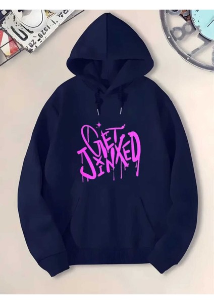 Get Jinxed Grafiti Baskılı Kapüşonlu Cepli Içi Yünlü Lacivert Sweatshirt