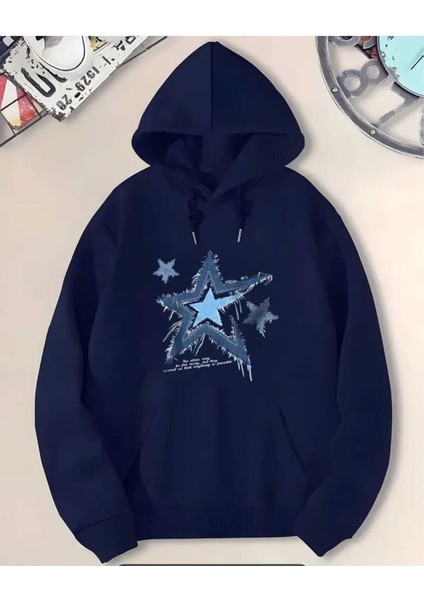 Yıldız Kot Hoodie Baskılı Kapüşonlu Cepli Içi Yünlü Lacivert Sweatshirt