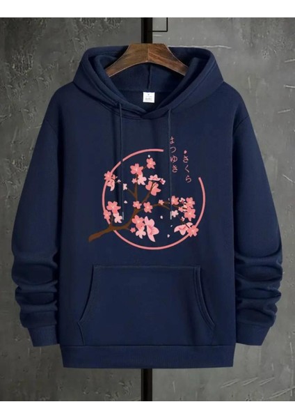 Çiçek Dal Desenli 2 Iplik Şardonlu Kapüşonlu Cepli Sweatshirt