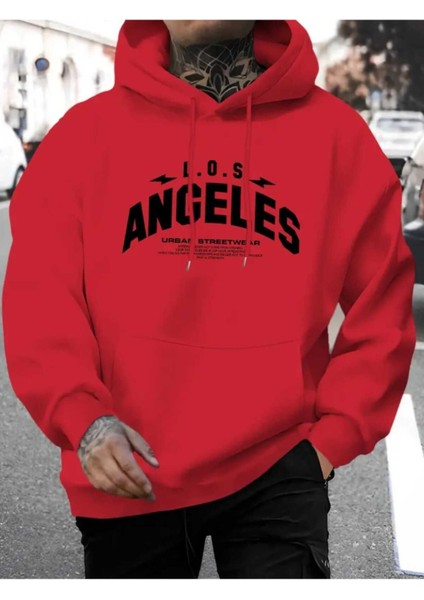 Los Angeles Shock Baskılı Kapüşonlu Cepli Pamuklu Kırmızı Sweatshirt