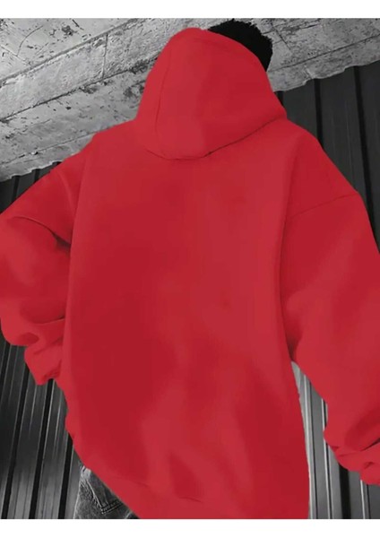Üç Çizgi Baskılı Kapüşonlu Cepli Içi Yünlü Kırmızı Sweatshirt fiyatları