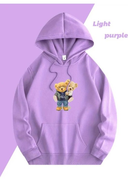 Couple Ayılar Baskılı Kapüşonlu Cepli Pamuklu Lila Sweatshirt