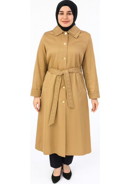 Kadın Camel Kemerli Uzun Kap - Şık Düğmeli Tesettür Dış Giyim modelleri