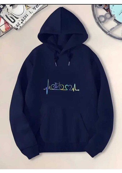 Bisiklet Kalp Ritim Baskılı Kapüşonlu Cepli Pamuklu Lacivert Sweatshirt