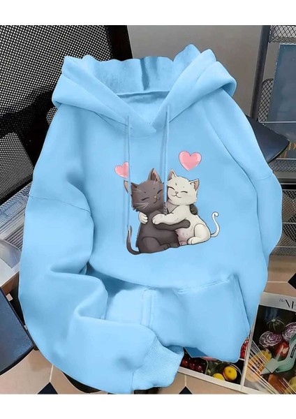 Couple Cat Baskılı Kapüşonlu Cepli Pamuklu Mavi Sweatshirt