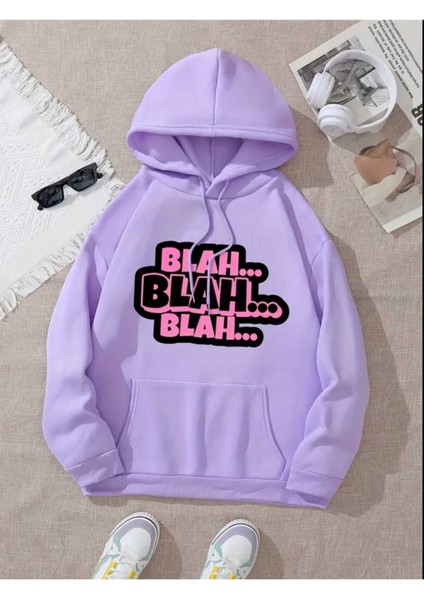 Blah Blah Blah Baskılı Kapüonlu Cepli Içi Yünlü Lila Sweatshirt
