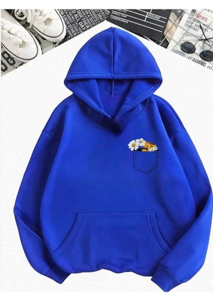 Cepli Çiçek Baskılı Kalın Kapüşonlu Sweatshirt