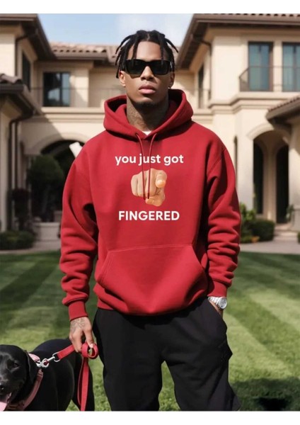 Fingered Baskılı Kapüşonlu Cepli Pamuklu Kırmızı Sweatshirt