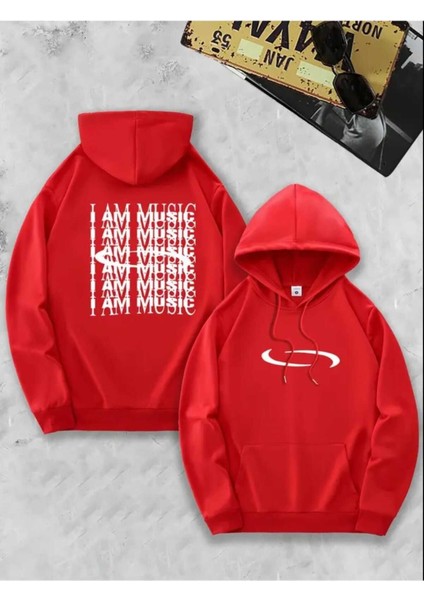 I Am Music Arka Baskılı Kapüşonlu Cepli Pamuklu Kırmızı Sweatshirt
