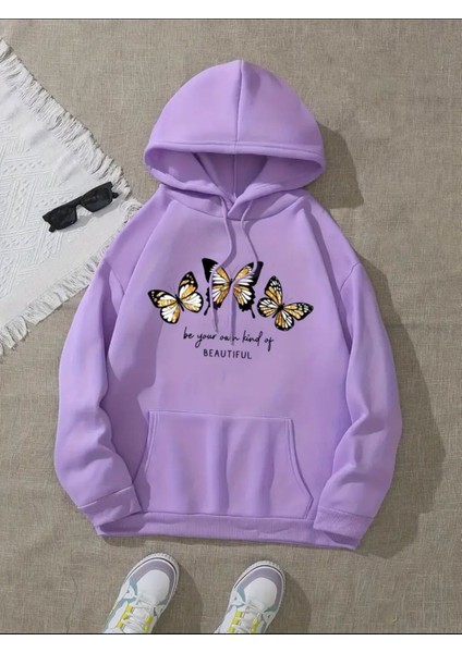 3 Kelebek Desenli 2 Iplik Şardonlu Kapüşonlu Cepli Pamuklu Sweatshirt