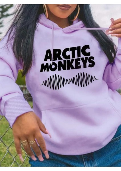 Artric Monkeys Baskılı Kapüşonlu Cepli Içi Yünlü Lila Sweatshirt