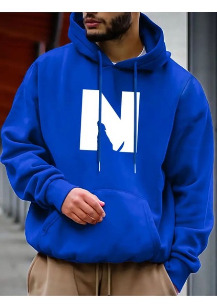 N Harfli Desenli Efsane Ürün 2 Iplik Şardonlu Kapüşonlu Cepli Sweatshirt