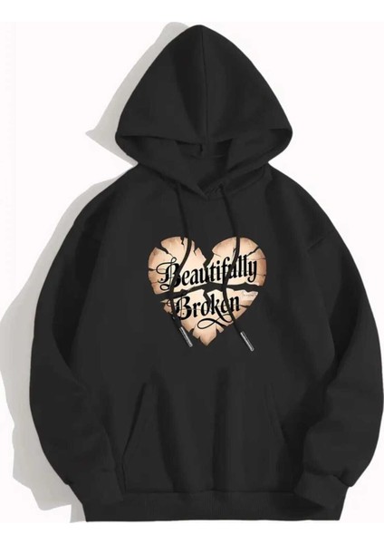 Beatifully Broken Baskılı Kapüşonlu Cepli Içi Yünlü Siyah Sweatshirt