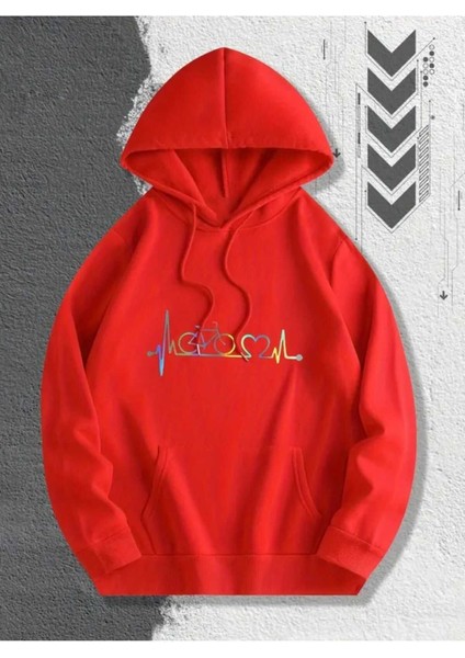 Bisiklet Kalp Ritim Baskılı Kapüşonlu Cepli Pamuklu Kırmızı Sweatshirt
