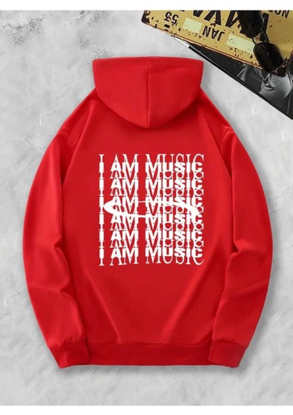 I Am Music Arka Baskılı Kapüşonlu Cepli Pamuklu Kırmızı Sweatshirt modelleri