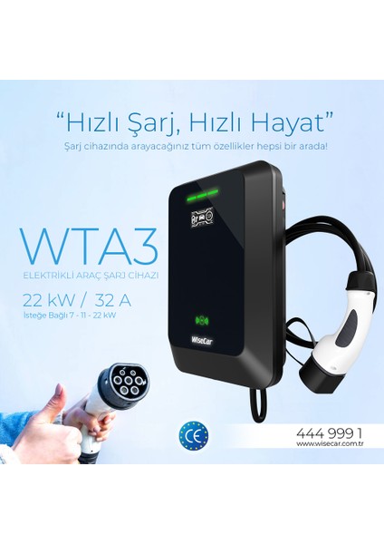 WTA - Yapay Zeka Destekli Akıllı Elektrikli Araç Şarj Cihazı | 22 kW | Mobil Uygulama & WiseCar AI
