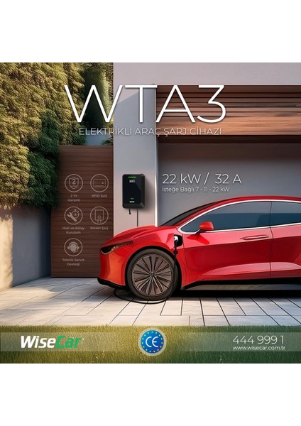 WTA - Yapay Zeka Destekli Akıllı Elektrikli Araç Şarj Cihazı | 22 kW | Mobil Uygulama & WiseCar AI