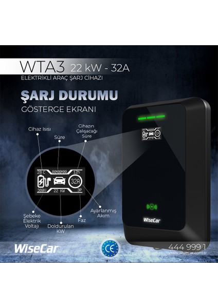 WTA - Yapay Zeka Destekli Akıllı Elektrikli Araç Şarj Cihazı | 22 kW | Mobil Uygulama & WiseCar AI