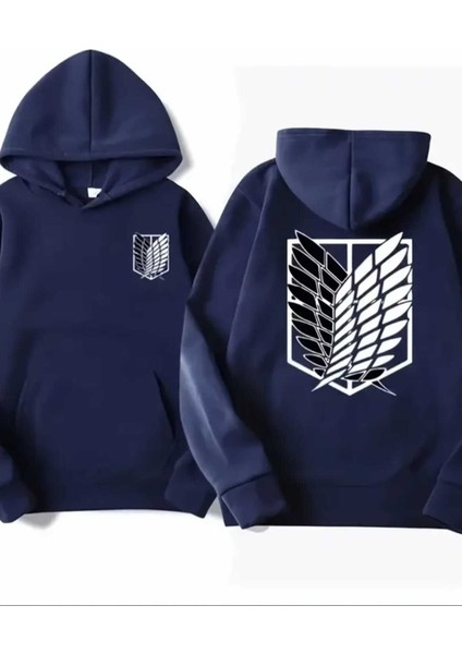 Aot Keşif Birliği Arka Göğüs Baskılı Kapüşonlu Cepli Içi Yünlü Lacivert Sweatshirt