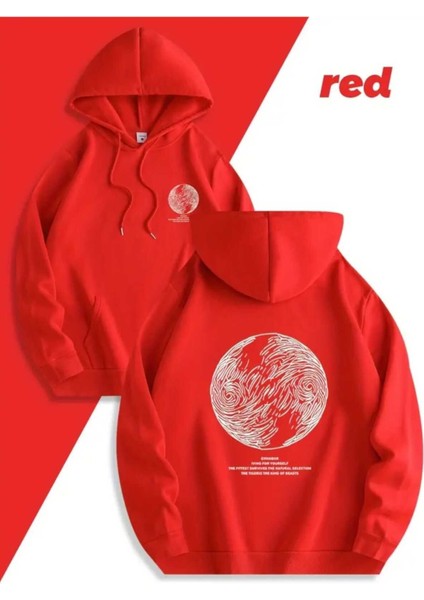 Lazarus Arka Göğüs Baskılı Kapüşonlu Cepli Pamuklu Kırmızı Sweatshirt