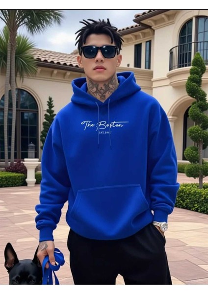 The Boston Est Baskılı Kapüşonlu Cepli Içi Yünlü Saks Sweatshirt