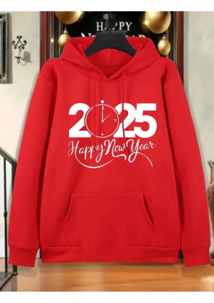2025 Yeni Yıl Desenli 2 Iplik Şardonlu Cepli Kapüşonlu Sweatshırt