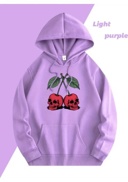 Kurukafa Vişne Baskılı Kapüşonlu Cepli Içi Yünlü Lila Sweatshirt