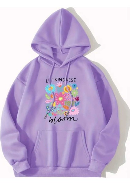 Let Kindness Baskılı Kapüşonlu Cepli Pamuklu Lila Sweatshirt