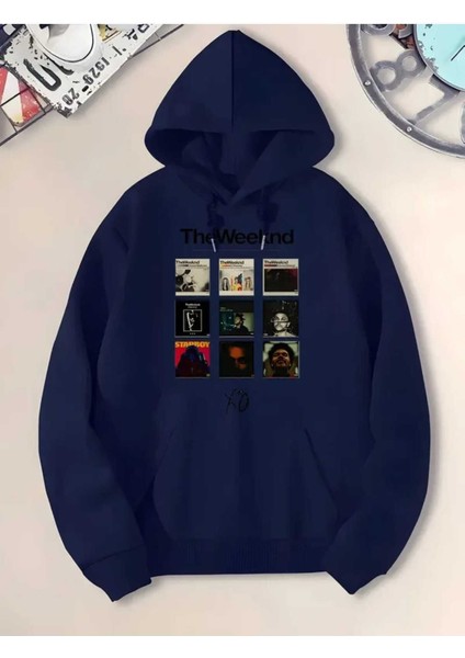The Weekend Albümleri Baskılı Kapüşonlu Cepli Içi Yünlü Lacivert Sweatshirt
