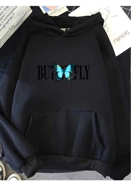 Parlak Kelebek Baskılı Kapüşonlu Cepli Pamuklu Siyah Sweatshirt