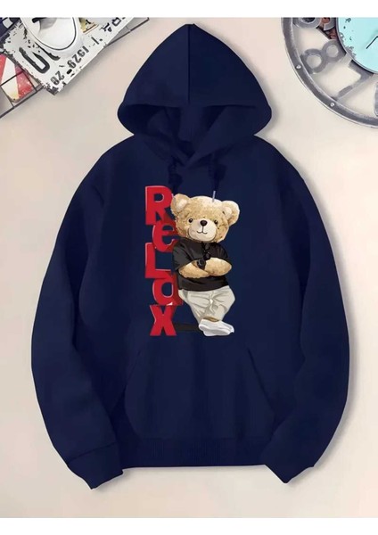 Bear Relax Baskılı Kapüşonlu Cepli Pamuklu Lacivert Sweatshirt