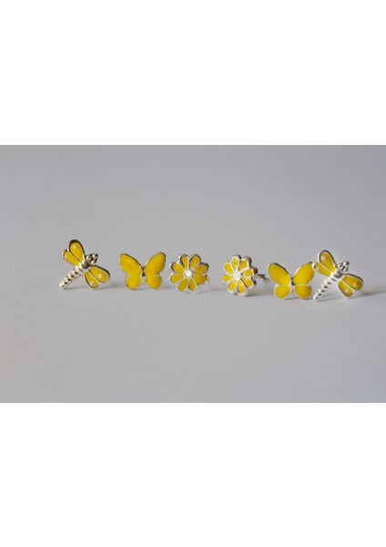 Sarı Mineli 3lü Kız Çocuk 925 Ayar Küpeler - Yusufçuk, Kelebek ve Çiçek