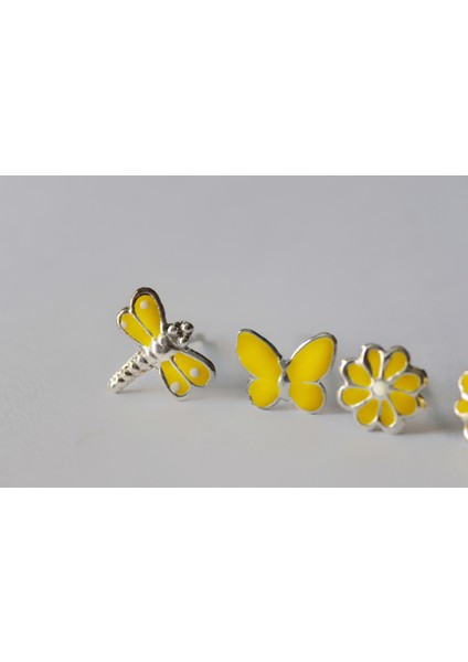 Sarı Mineli 3lü Kız Çocuk 925 Ayar Küpeler - Yusufçuk, Kelebek ve Çiçek fiyatları