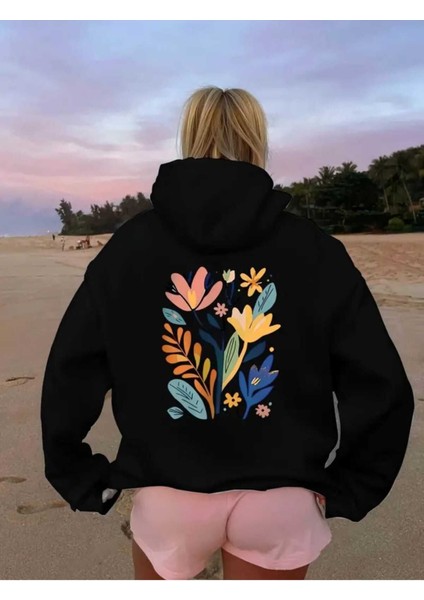 Çiçek Sulu Boyalı Baskılı Kapüşonlu Cepli Içi Yünlü Siyah Sweatshirt