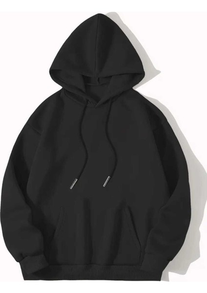 Çiçek Sulu Boyalı Baskılı Kapüşonlu Cepli Içi Yünlü Siyah Sweatshirt fiyatları