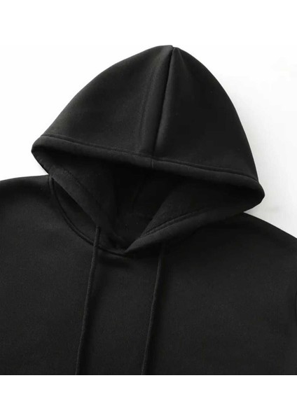 Çiçek Sulu Boyalı Baskılı Kapüşonlu Cepli Içi Yünlü Siyah Sweatshirt modelleri