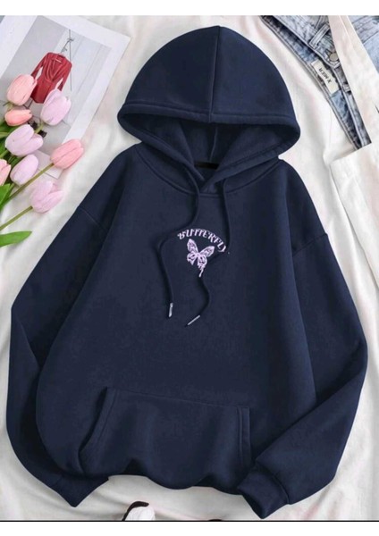 Butterfly Ön Arka Baskılı Kapüşonlu Cepli Pamuklu Lacivert Sweatshirt