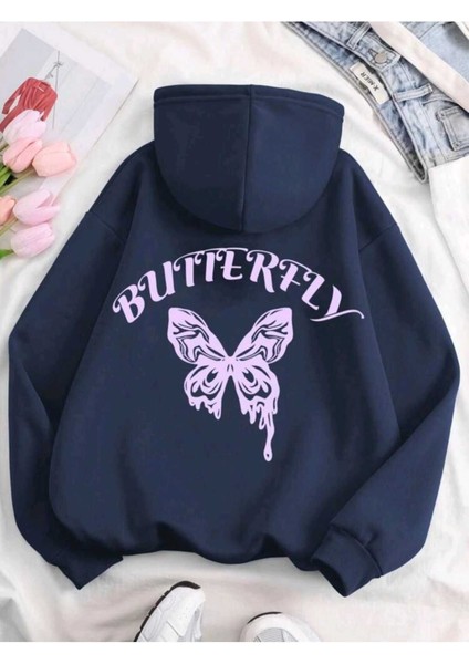 Butterfly Ön Arka Baskılı Kapüşonlu Cepli Pamuklu Lacivert Sweatshirt fiyatları
