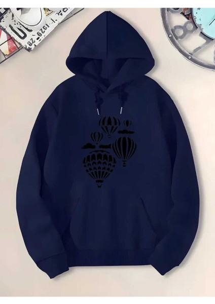 Uçan Balon Baskılı Kapüşonlu Cepli Içi Yünlü Lacivert Sweatshirt