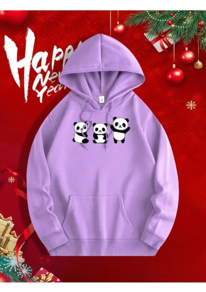 Sevimli Pandalar Ön ve Arkası Baskılı Kapüşonlu Cepli Içi Yünlü Lila Sweatshirt