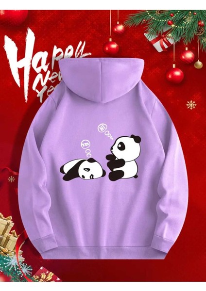 Sevimli Pandalar Ön ve Arkası Baskılı Kapüşonlu Cepli Içi Yünlü Lila Sweatshirt fiyatları
