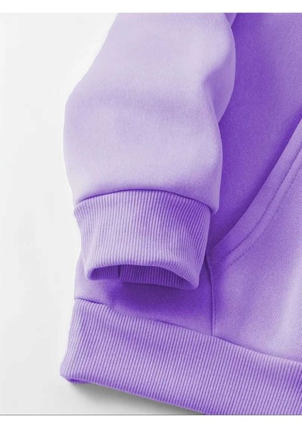 Sevimli Pandalar Ön ve Arkası Baskılı Kapüşonlu Cepli Içi Yünlü Lila Sweatshirt modelleri